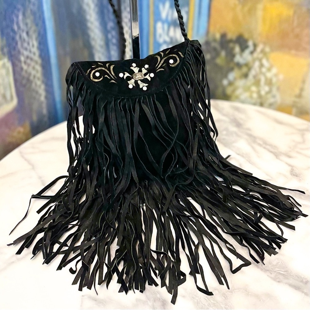 Patricia Wolf Fringe Crossbody Bag‎ Suede Black Boho GUC